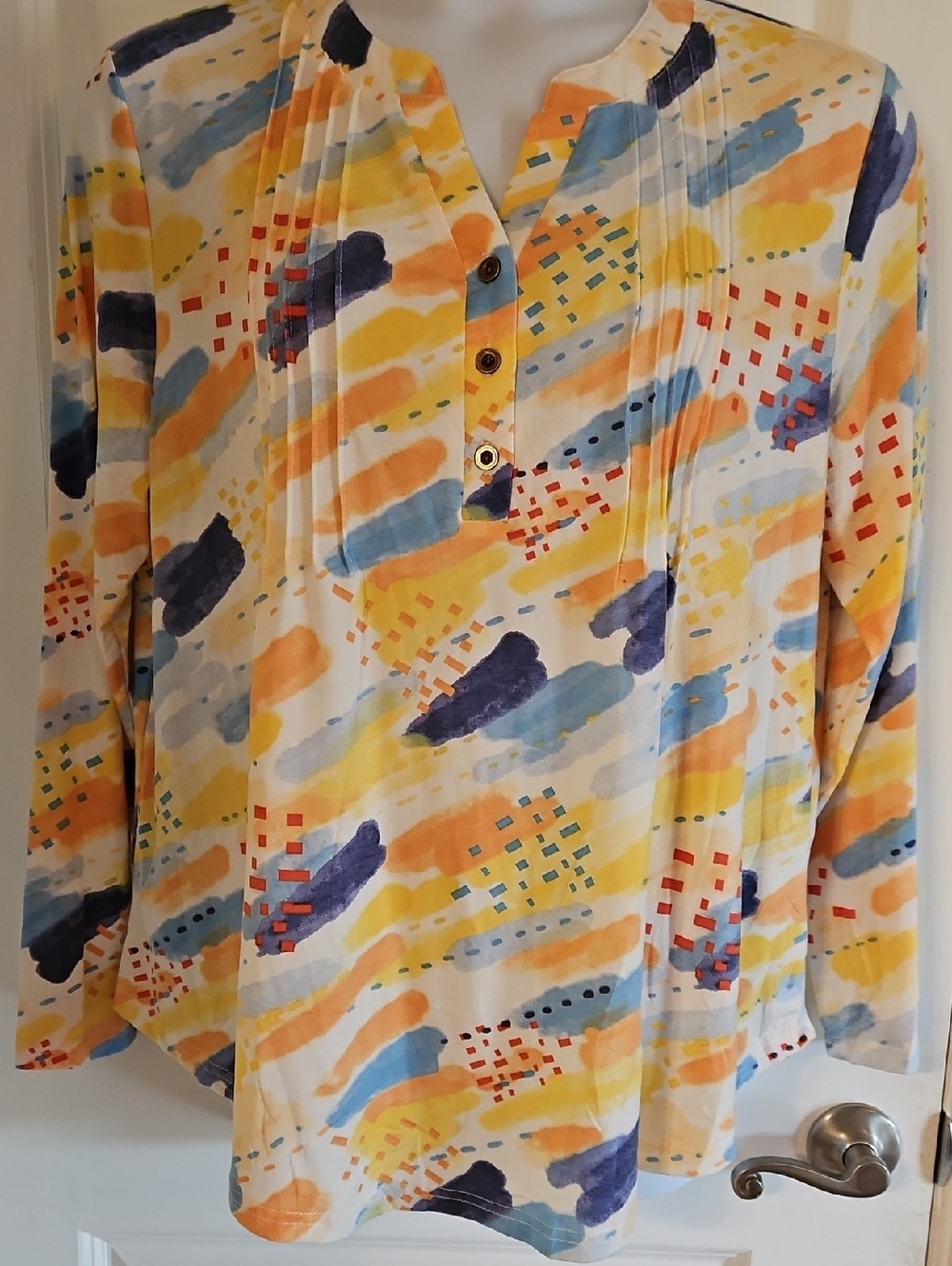 Abstract Watercolor Long-Sleeve Blouse in Yellow & Blue